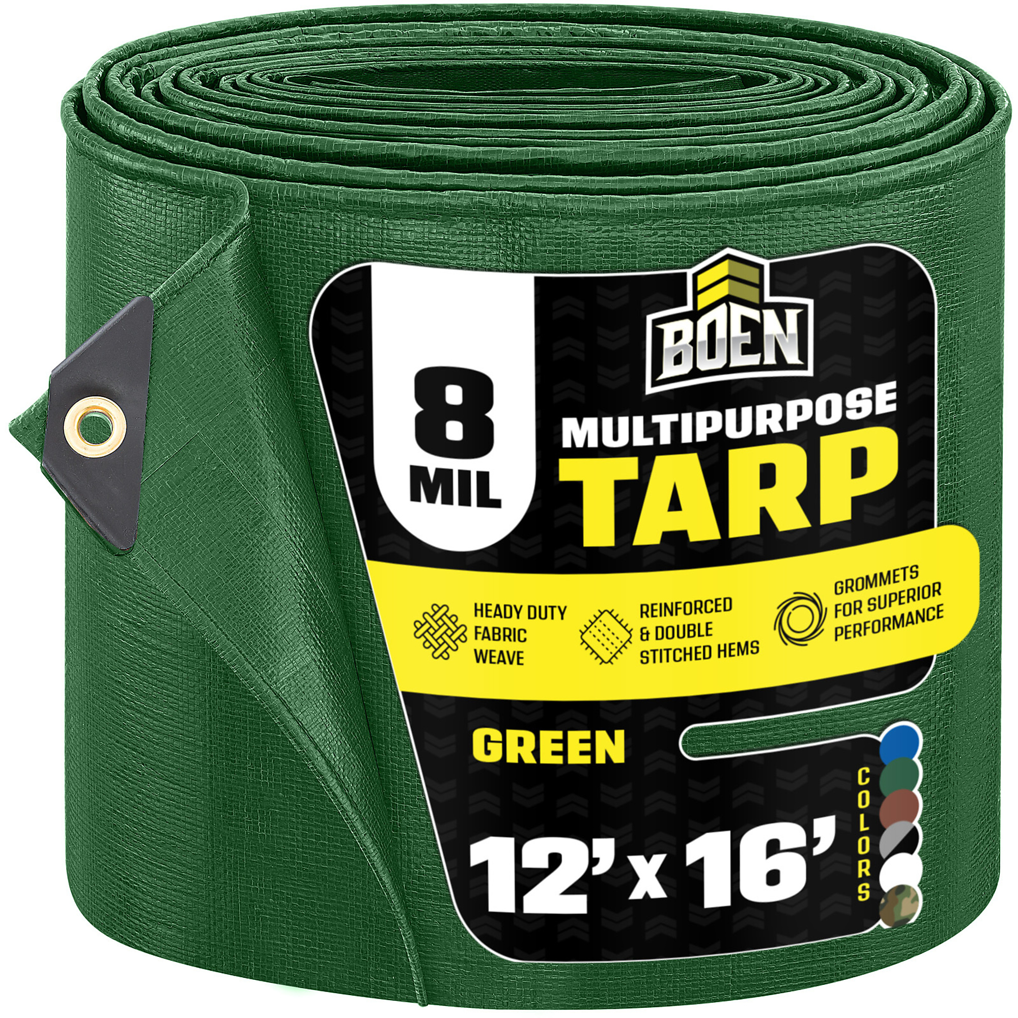Boen 12 ft x 16 ft Green Tarp, 8 Mil Thick Multi-Purpose Large Waterproof Cover, Rip Proof Tarps, Thick Weave Material, UV Resistant Great for Tarpaulin Canopy Tent, Boat, RV or Pool Cover